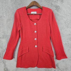 St. John Evening Marie Gray Sweater Coat Women's 4 Red‎ Rhinestone Button Formal